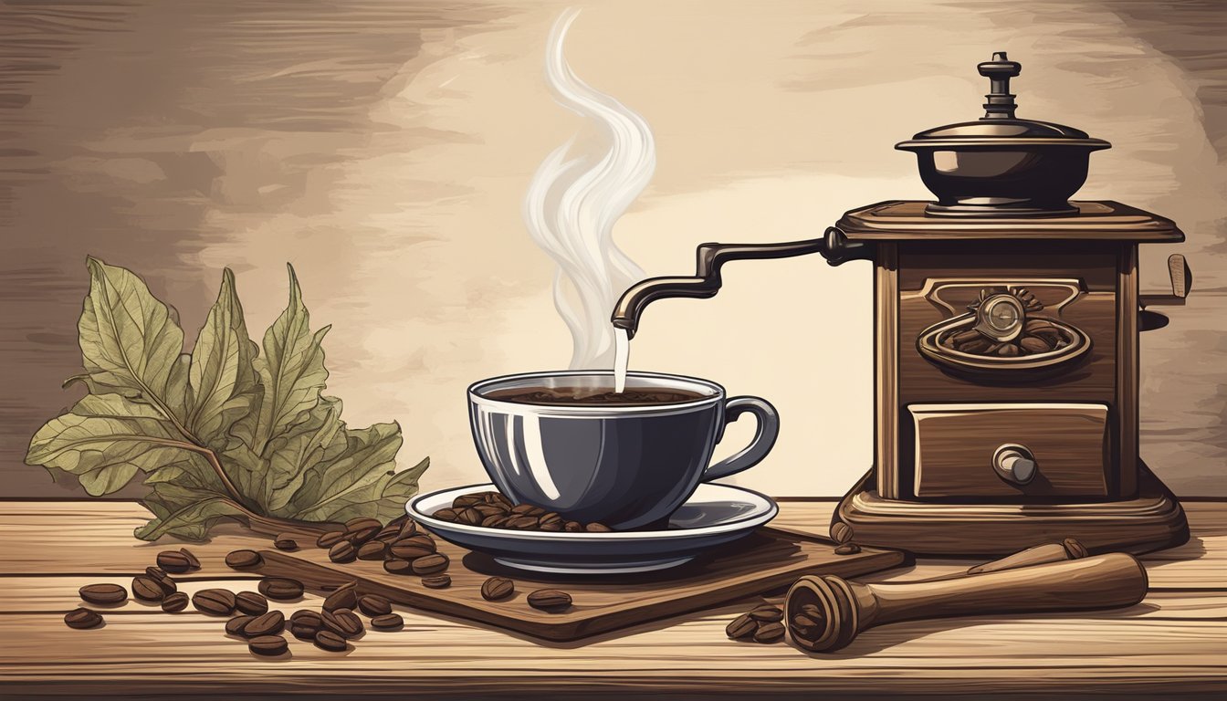 A steaming cup of chicory coffee sits on a rustic wooden table, surrounded by dried chicory roots and a vintage coffee grinder