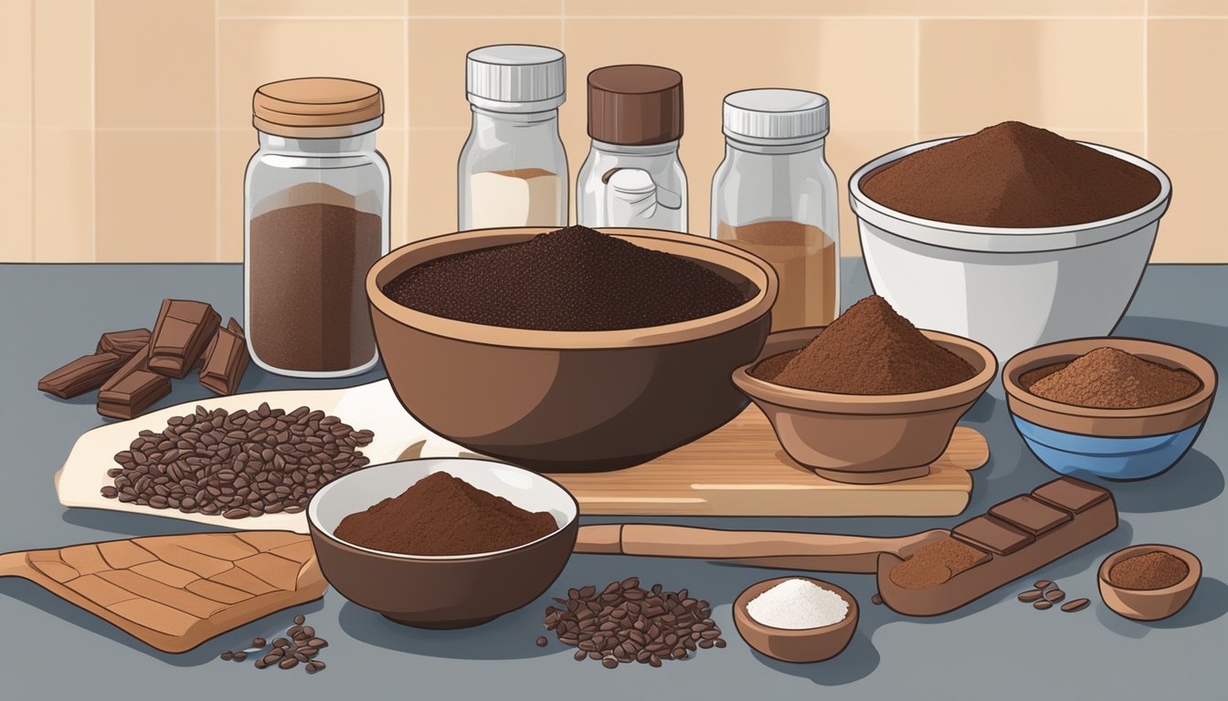 A variety of alternative ingredients, such as carob powder, cacao nibs, and ground chocolate, are displayed on a kitchen counter next to a bowl of traditional cocoa powder