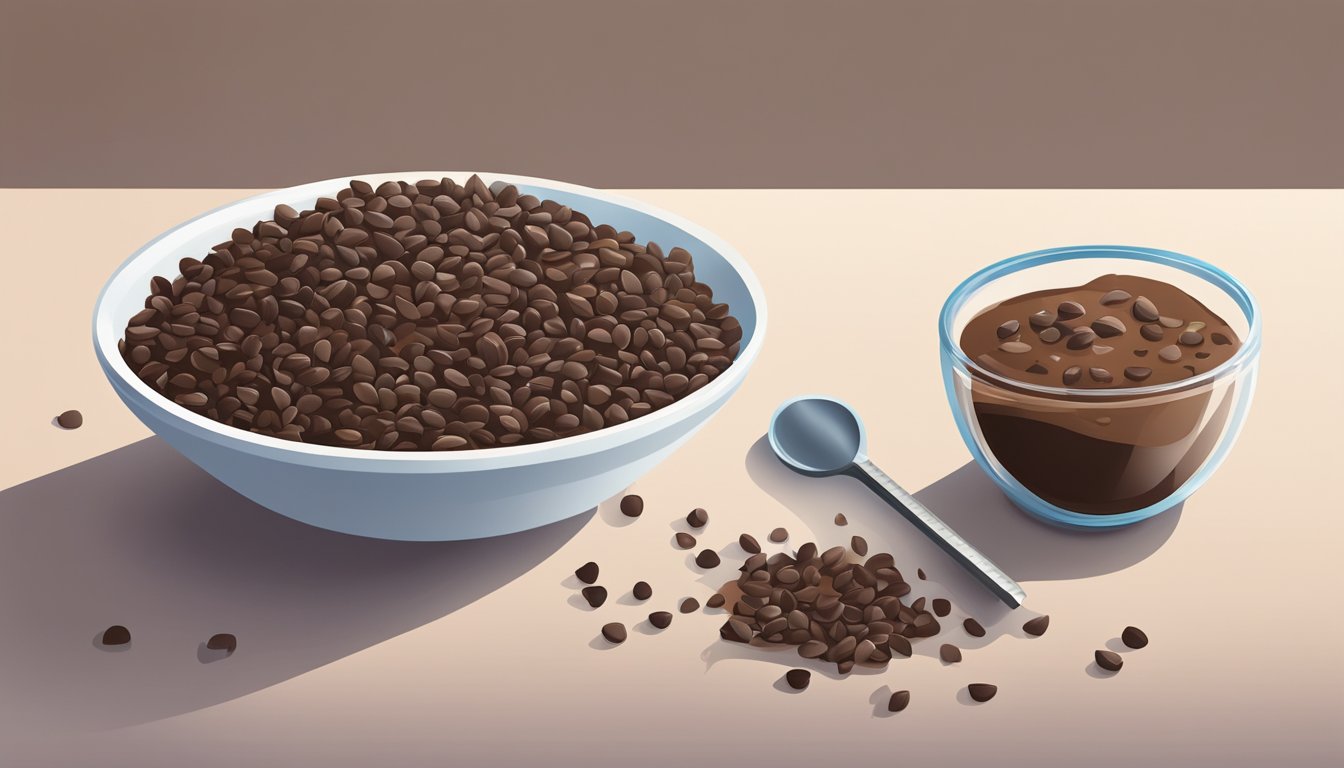 A bowl of cocoa nibs next to a measuring cup of chocolate chips on a kitchen counter