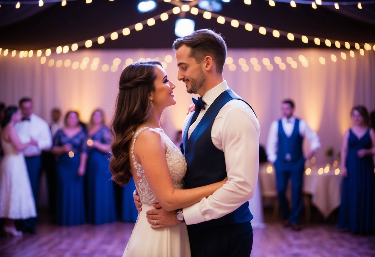 A couple stands together on a dimly lit dance floor, surrounded by twinkling lights and soft music. They gaze into each other's eyes, lost in the moment