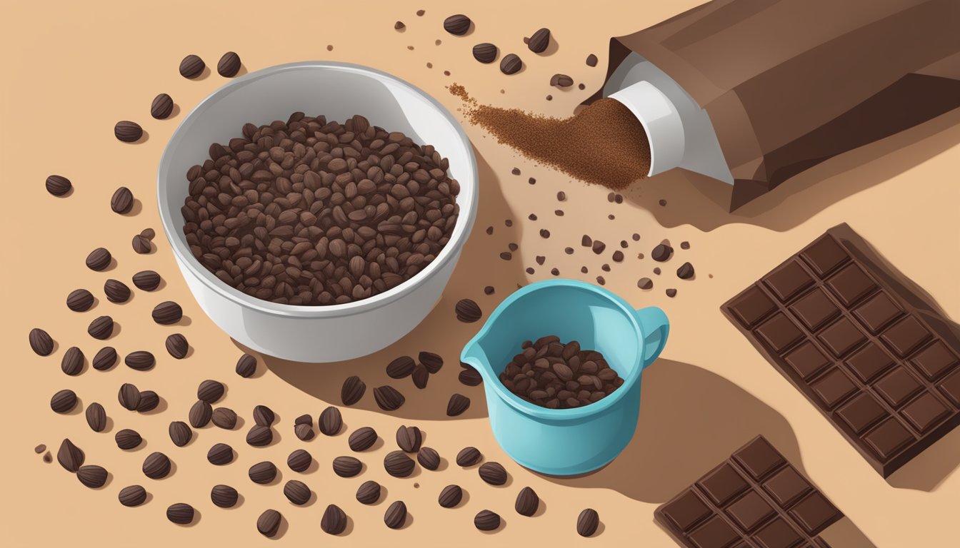 Cocoa nibs pouring into a mixing bowl beside a bag of chocolate chips