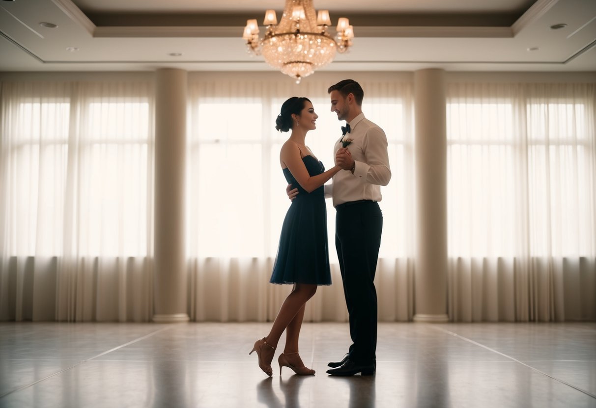 A couple stands in a softly lit ballroom, swaying to a romantic melody. The dance floor is empty except for them, creating a tender and intimate moment