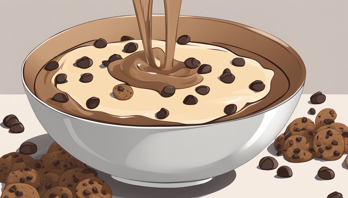 A bowl of cookie dough with cocoa nibs being poured in, replacing chocolate chips