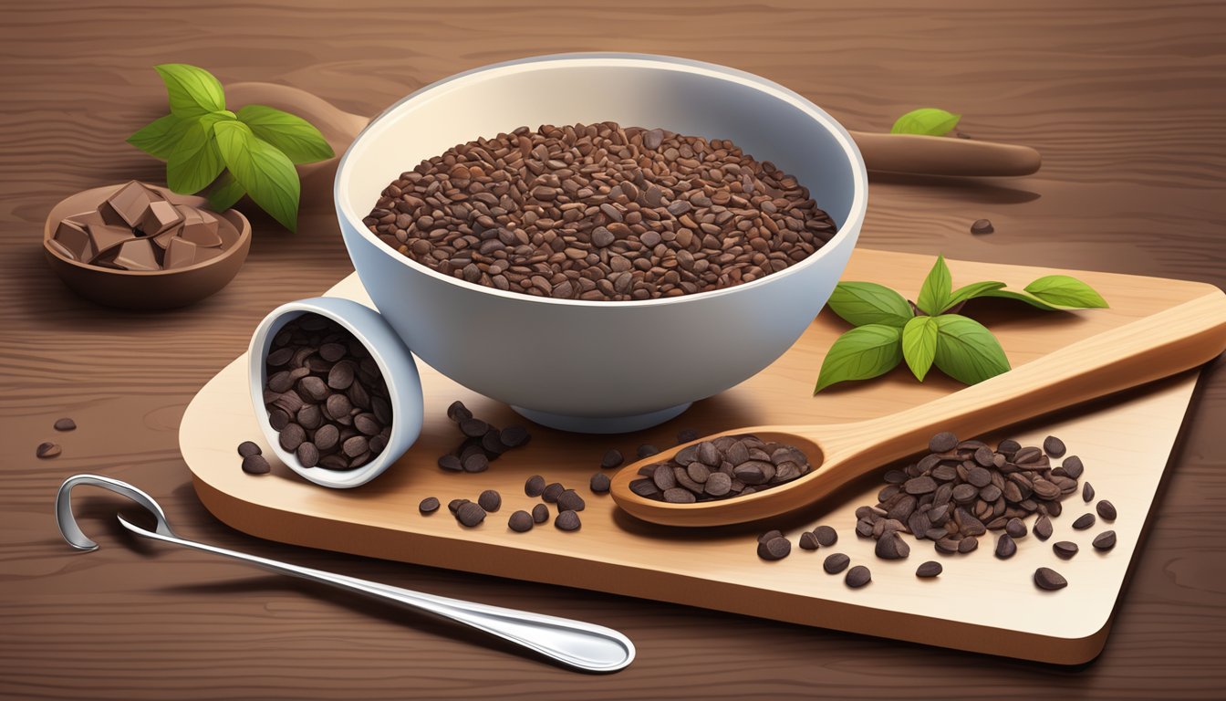 A bowl of cocoa nibs and chocolate chips on a wooden cutting board, surrounded by measuring spoons and a recipe book