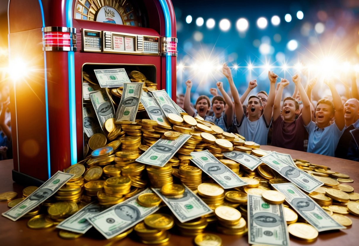 A pile of gold coins and dollar bills overflowing from a vintage jukebox, surrounded by flashing lights and a crowd of cheering fans