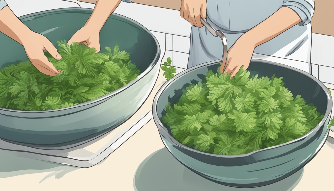 Chrysanthemum greens being washed and trimmed, ready to substitute for lettuce in a dish