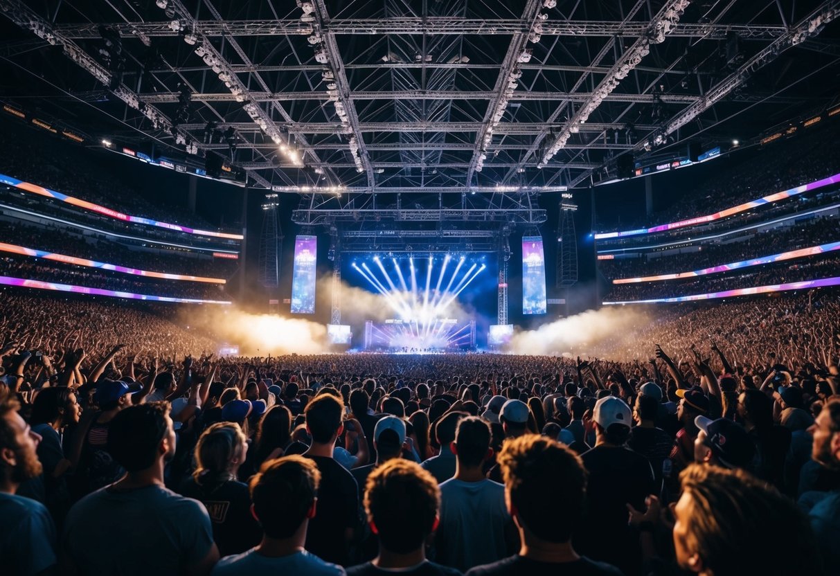 A crowded concert stadium with flashing lights and cheering fans, as a chart-topping song plays on stage