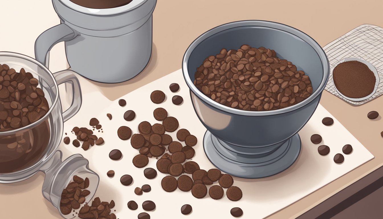 A hand pouring cocoa nibs into a mixing bowl of cookie dough, with chocolate chips in the background