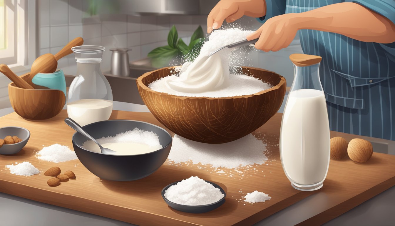 A chef pours coconut cream into a measuring cup, replacing coconut milk in a recipe. Ingredients and kitchen utensils are scattered on the counter