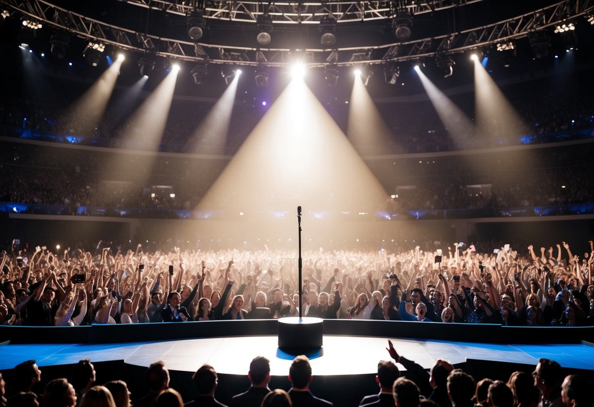 A grand stage with a spotlight shining on a microphone stand, surrounded by a massive crowd of cheering fans