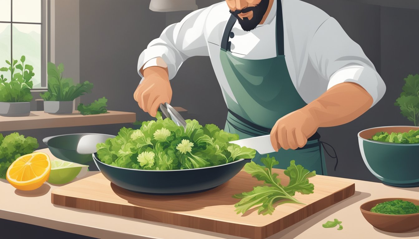 A chef swapping out lettuce for chrysanthemum greens in a salad, with a bowl of fresh greens and a cutting board with a knife