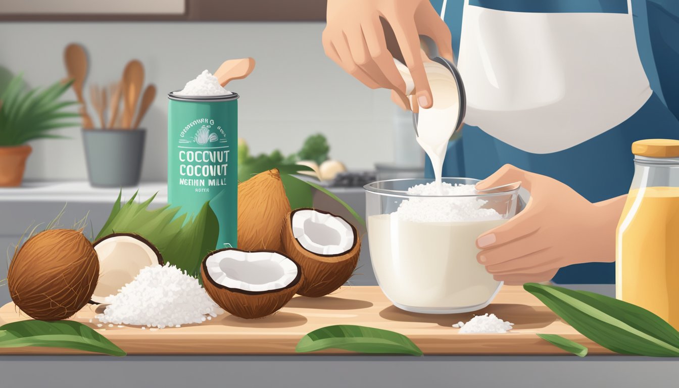 A person pouring coconut cream into a measuring cup, next to a can of coconut milk and various cooking ingredients on a kitchen counter