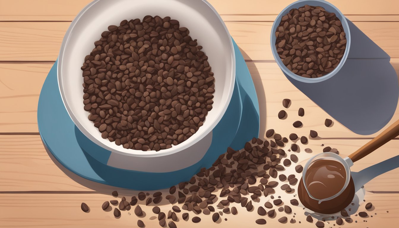 Cocoa nibs pouring into a mixing bowl, next to a bag of chocolate chips. Ingredients scattered on a wooden table