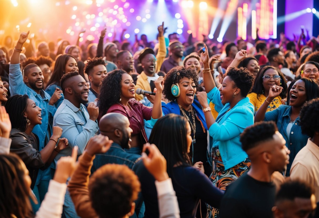 A crowd of diverse people dancing and singing along to a chart-topping song at a lively cultural event