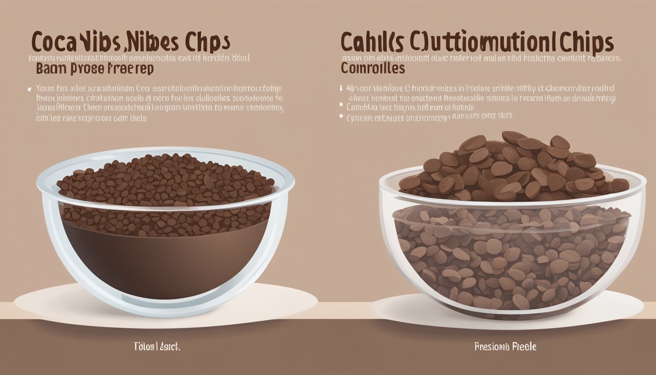 A bowl of cocoa nibs and chocolate chips side by side, with a nutrition label next to each, showcasing the differences in their nutritional profiles