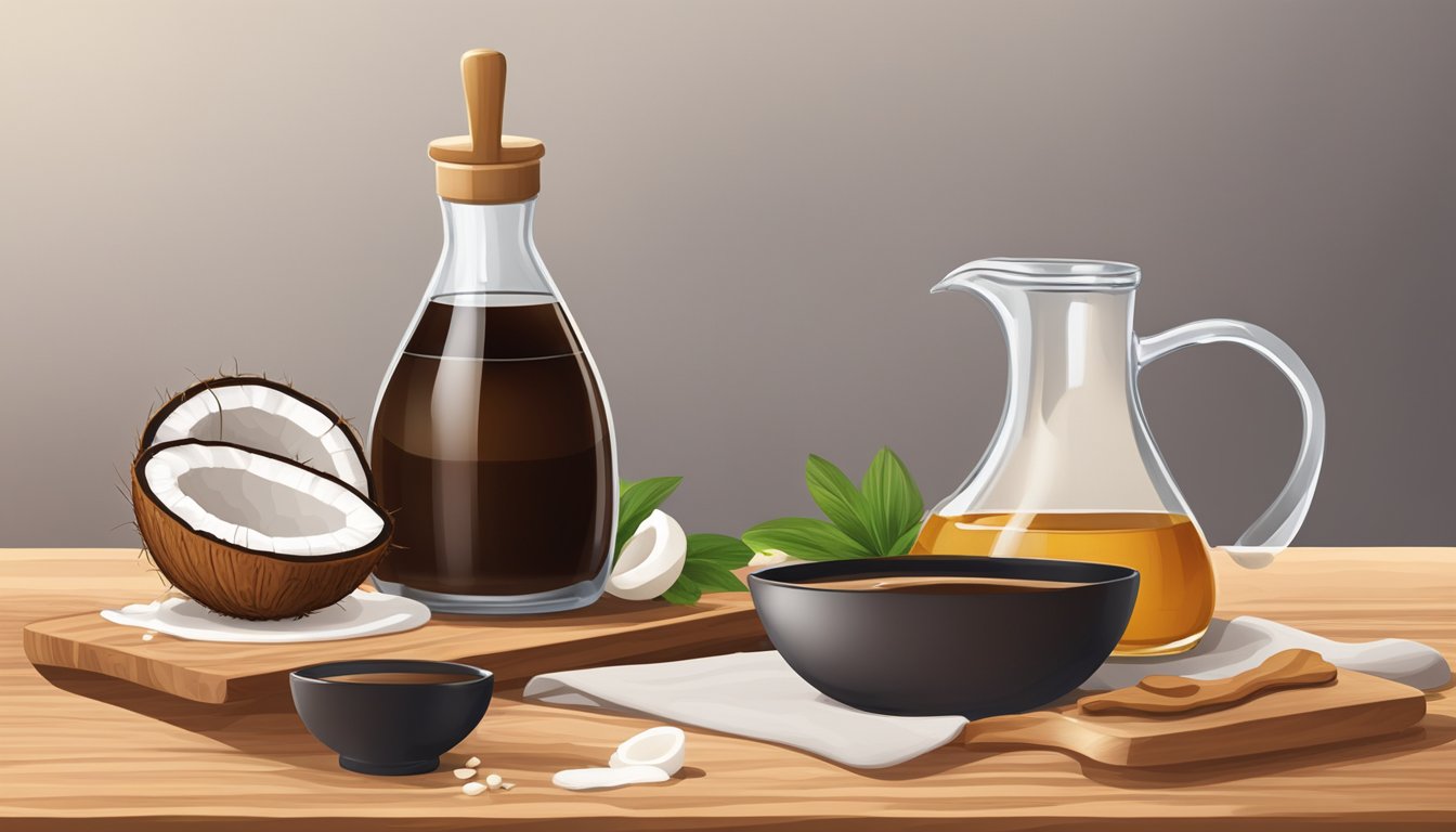 A chef pours coconut aminos into a measuring cup, next to a bottle of soy sauce on a wooden cutting board