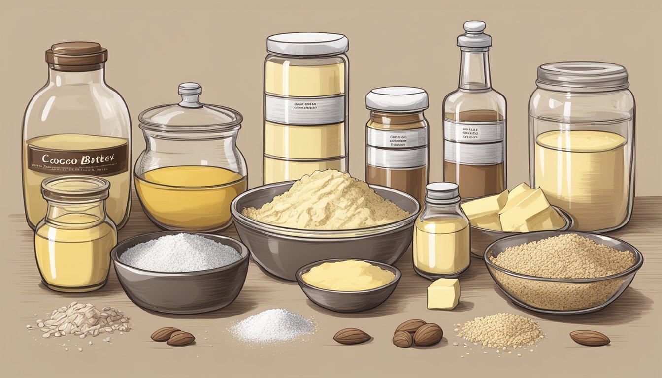 A kitchen counter with cocoa butter, butter, and various baking ingredients laid out for substitution demonstration