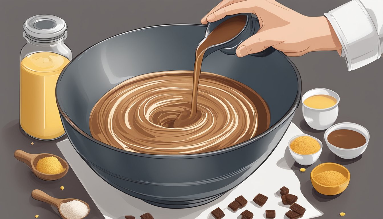 A chef pouring melted cocoa butter into a mixing bowl, alongside other baking ingredients