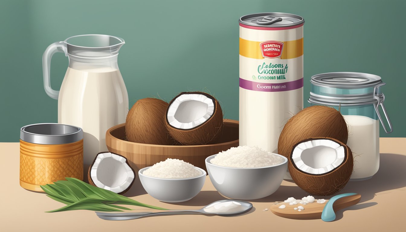 A kitchen counter with a can of evaporated milk next to a carton of coconut milk, surrounded by various cooking utensils and ingredients