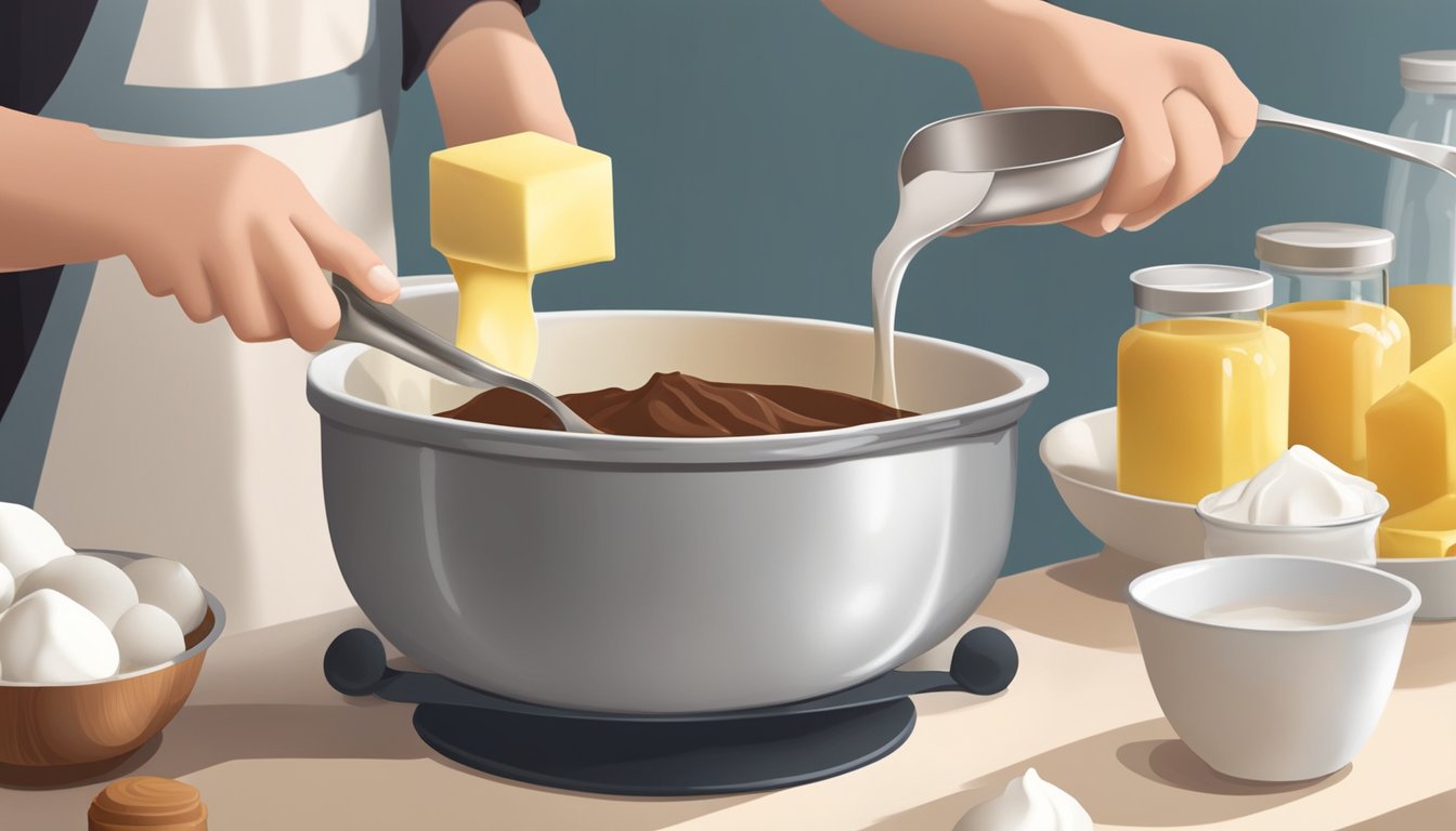 A baker pours melted cocoa butter into a mixing bowl, replacing traditional butter for a healthier alternative in baking. Ingredients and utensils are neatly arranged on the counter