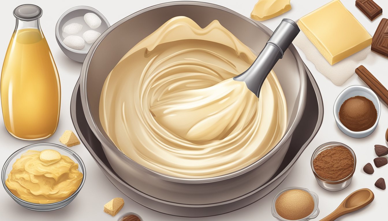 Cocoa butter being melted and poured into a mixing bowl, alongside various baking and cooking ingredients