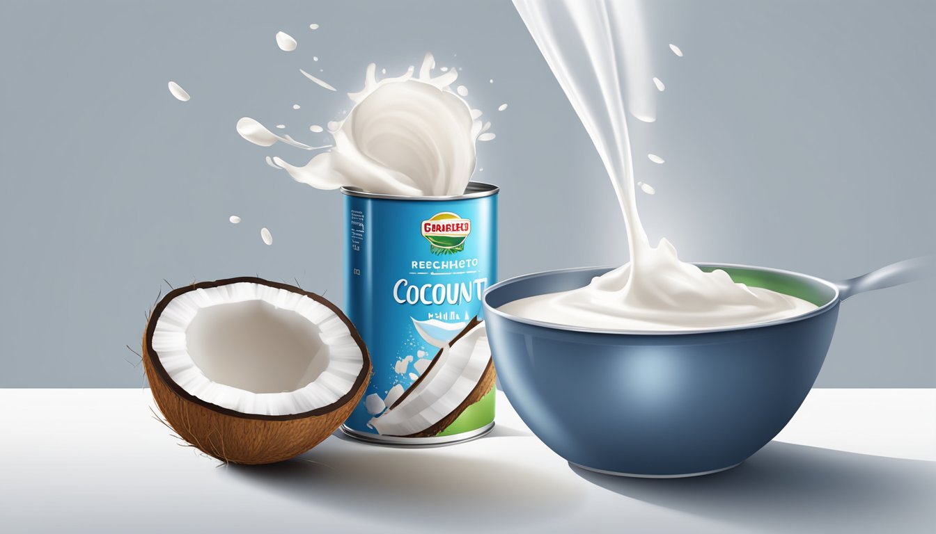 A can of coconut milk pouring into a measuring cup, with an open can of evaporated milk nearby