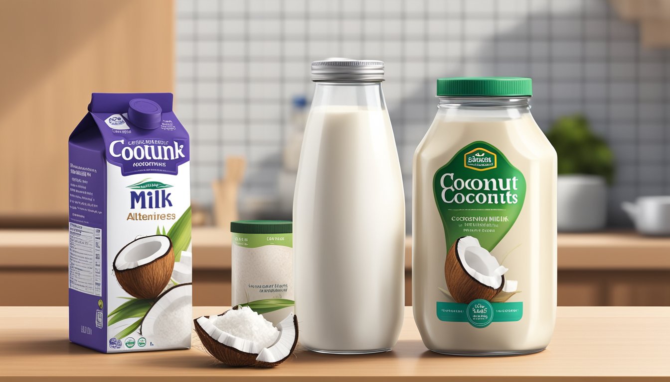 A can of coconut milk and a carton of dairy milk alternatives sit side by side on a kitchen counter, with a recipe book open to a page on substituting coconut milk for evaporated milk