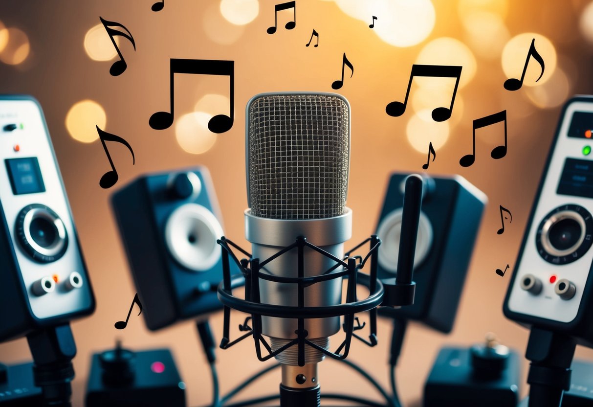 A microphone surrounded by multiple recording devices and music notes floating in the air