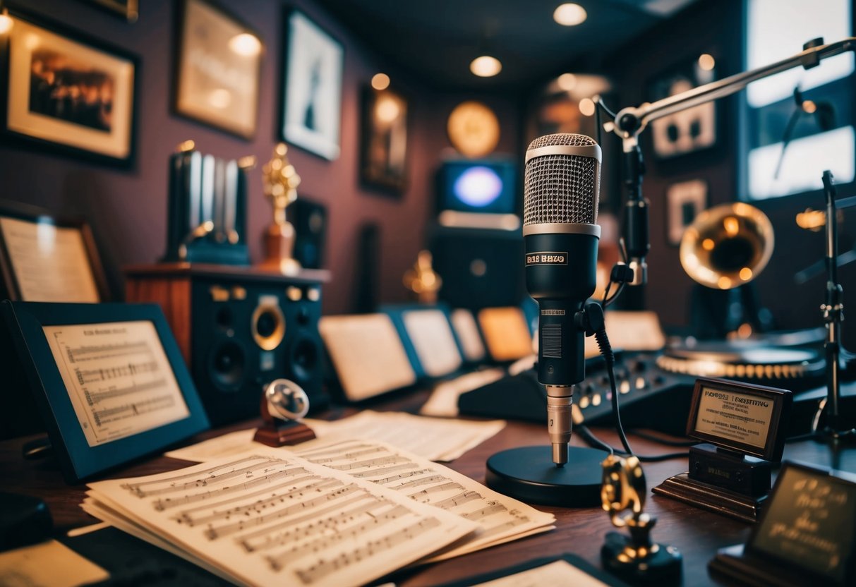 A crowded music studio with a microphone, music sheets, and recording equipment, surrounded by historical artifacts and awards