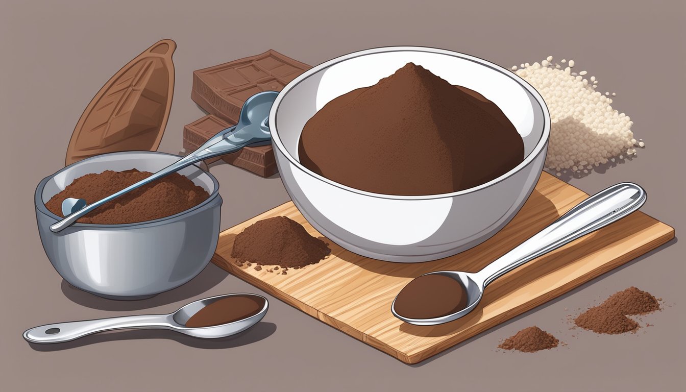 A bowl of cocoa powder and a bar of chocolate on a kitchen counter, surrounded by measuring spoons and a mixing bowl