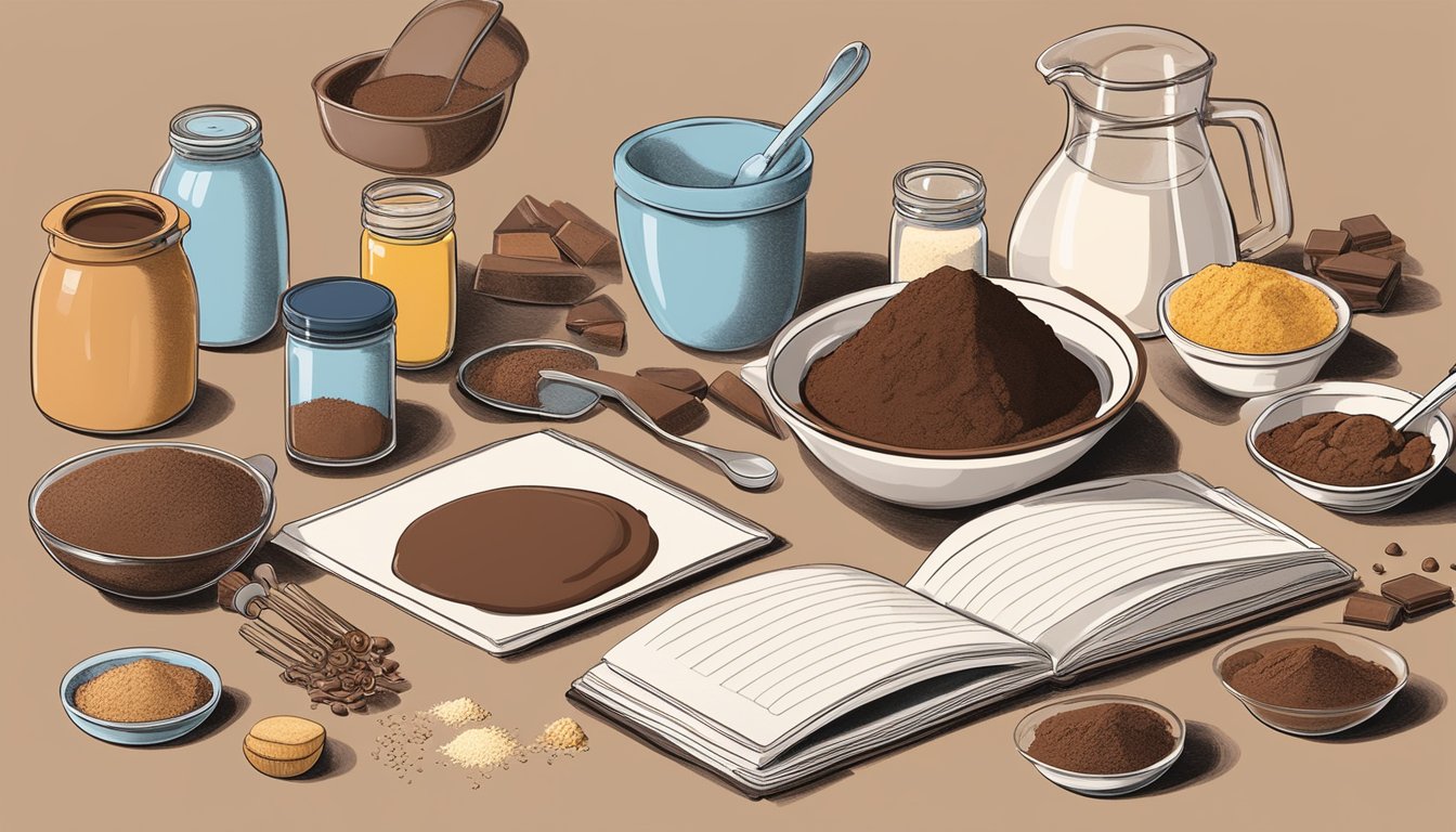 A baker pouring cocoa powder into a mixing bowl, surrounded by various baking ingredients and utensils, with a recipe book open to a page on chocolate substitutions