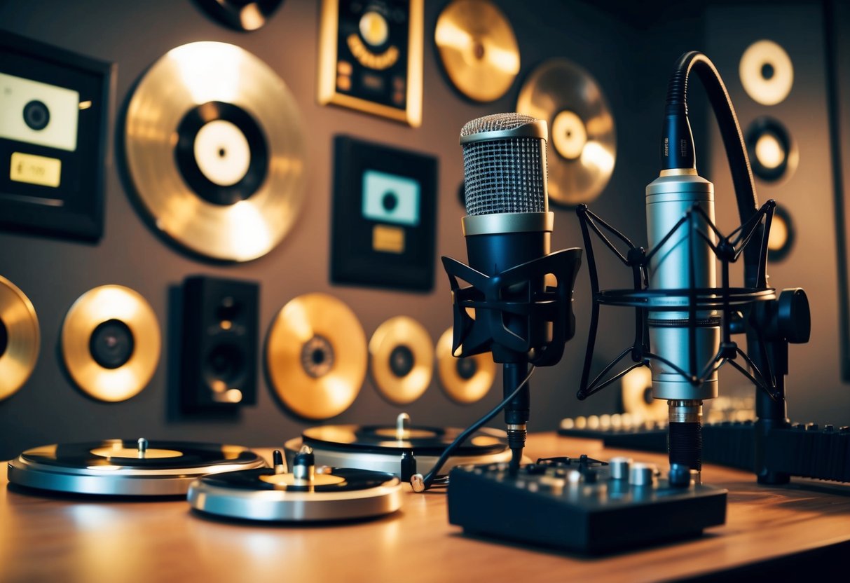 A recording studio with a microphone and musical instruments, surrounded by gold records and awards on the walls