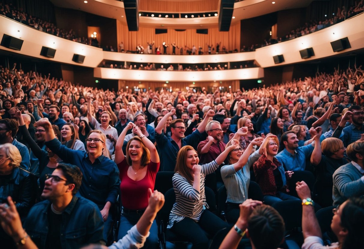 A crowded concert hall with diverse audience members dancing and singing along to the music