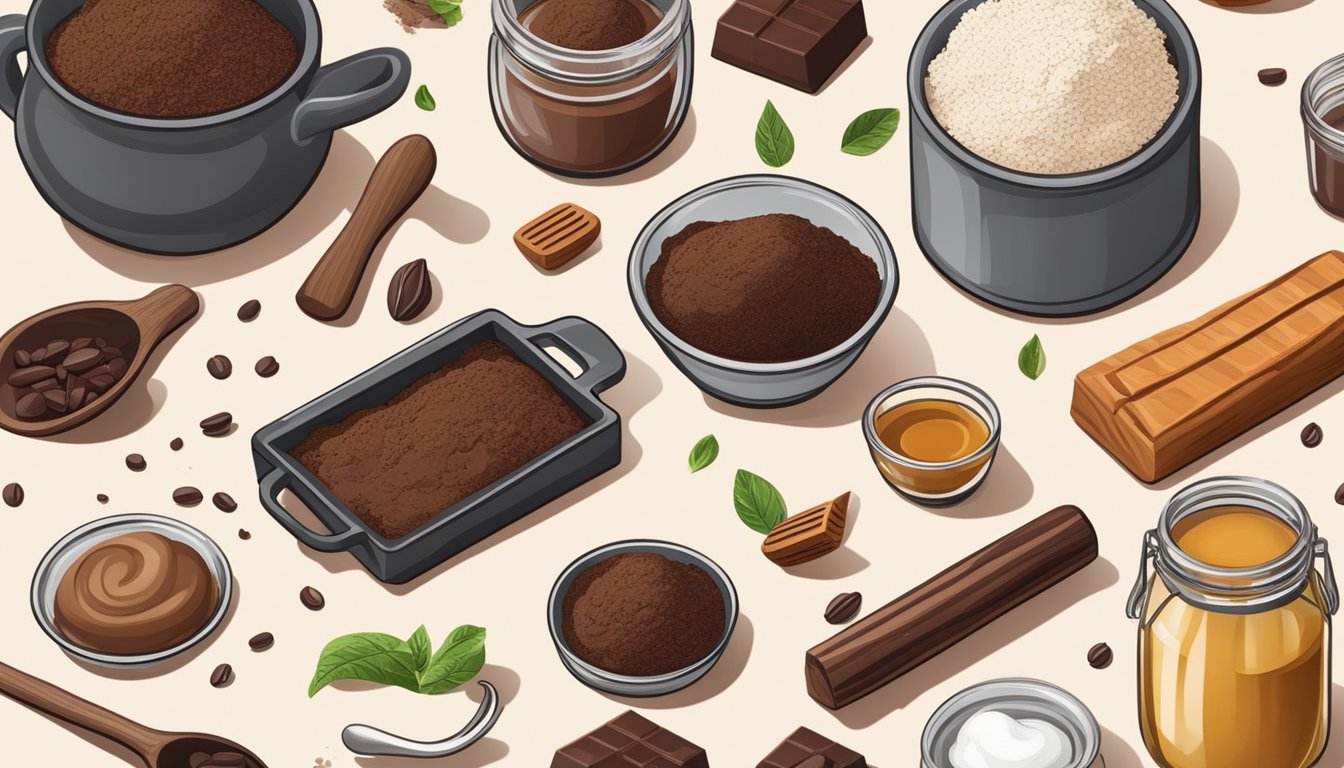 A kitchen counter with cocoa butter, chocolate liquor, and cocoa powder next to baking ingredients and utensils