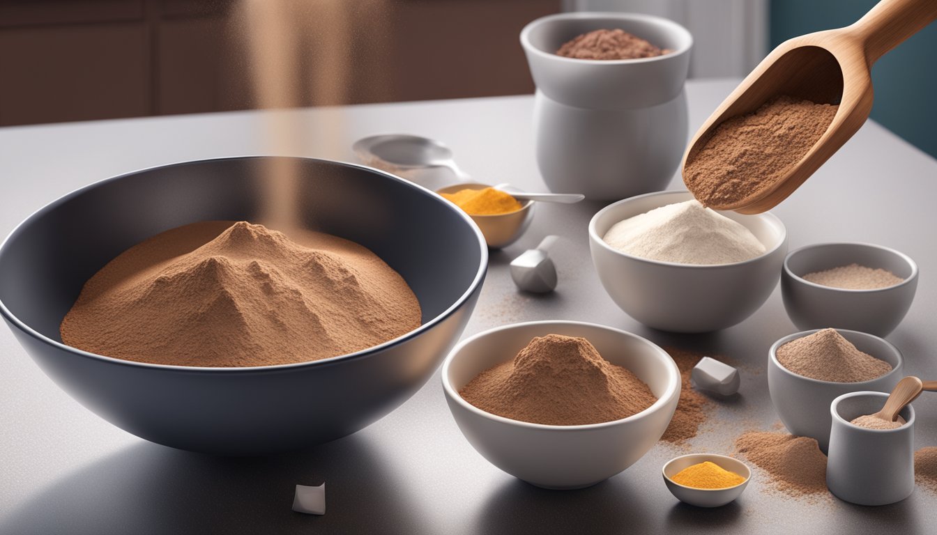 A bowl of cocoa powder being poured into a mixing bowl filled with flour and sugar, with a measuring spoon and other baking ingredients nearby