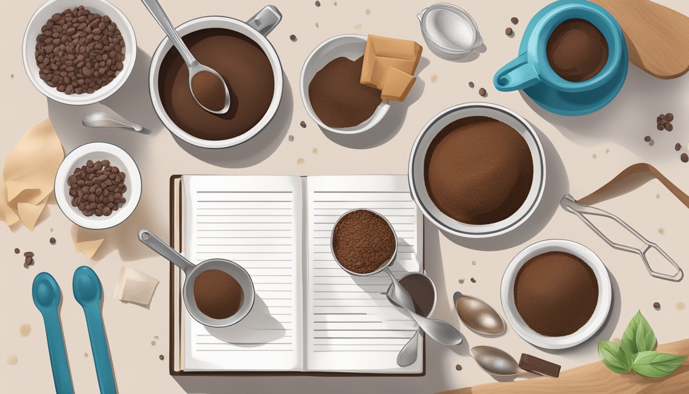 A kitchen counter with bowls of cocoa powder and chocolate chips, surrounded by measuring spoons and a recipe book