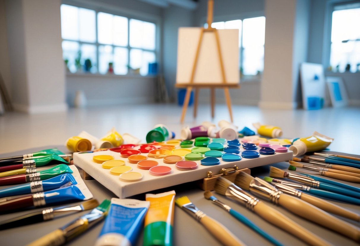 A colorful palette of paintbrushes and tubes of paint scattered across a large, well-lit studio, with a canvas on an easel in the center