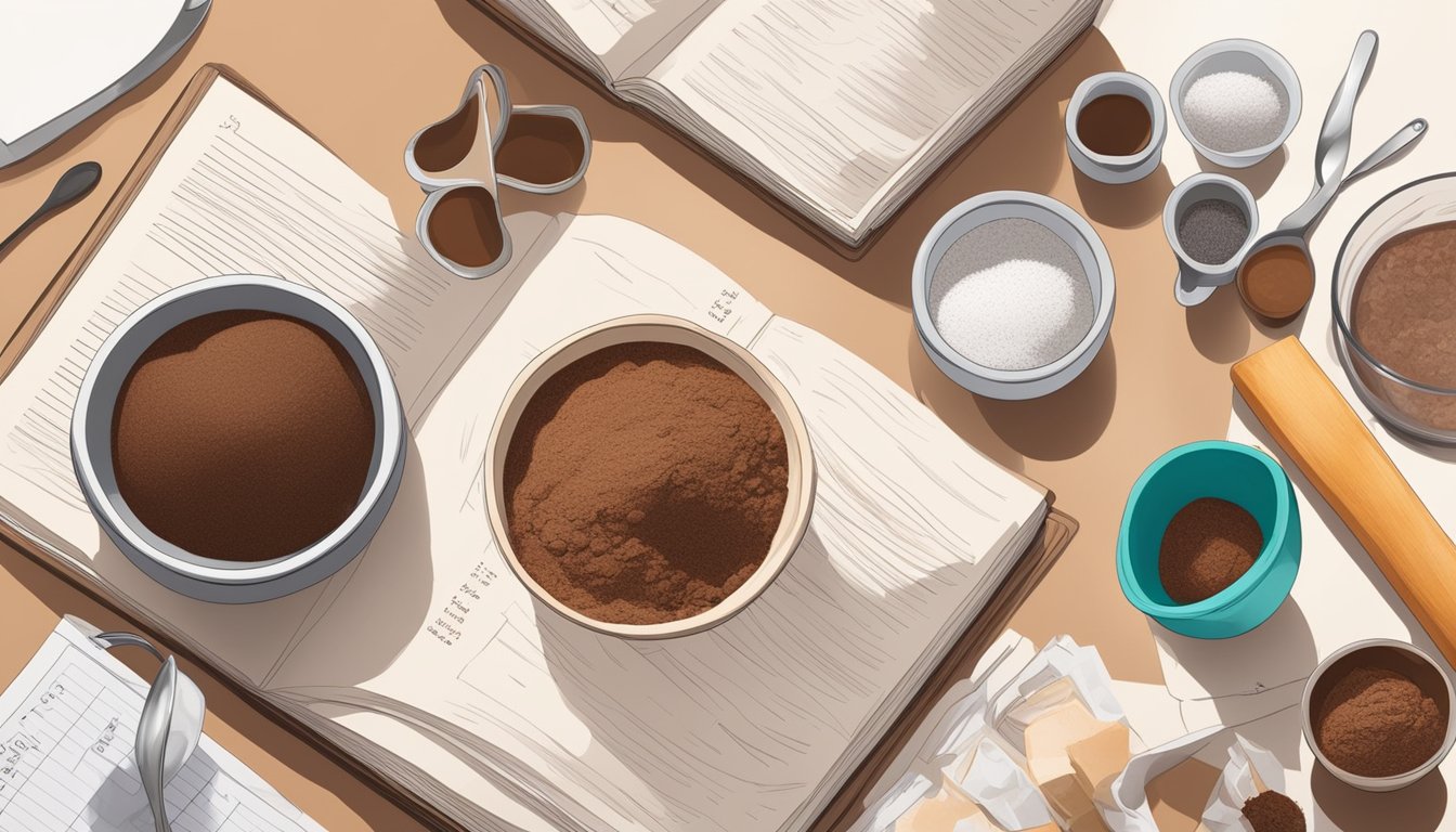 A kitchen counter with a bowl of cocoa powder and a recipe book open to a page on baking substitutions. Ingredients and measuring spoons are scattered around