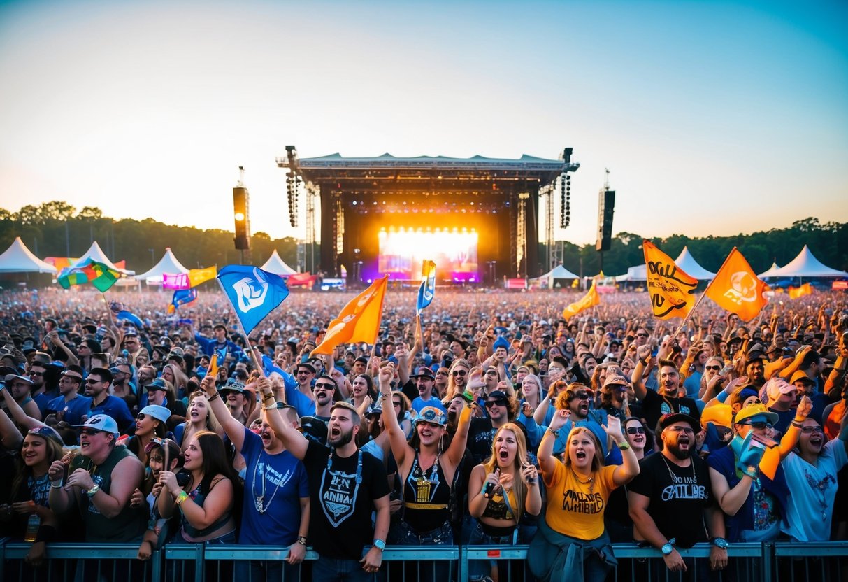 A diverse crowd of fans at a massive outdoor music festival, waving flags and singing along to a chart-topping artist's performance on a brightly lit stage