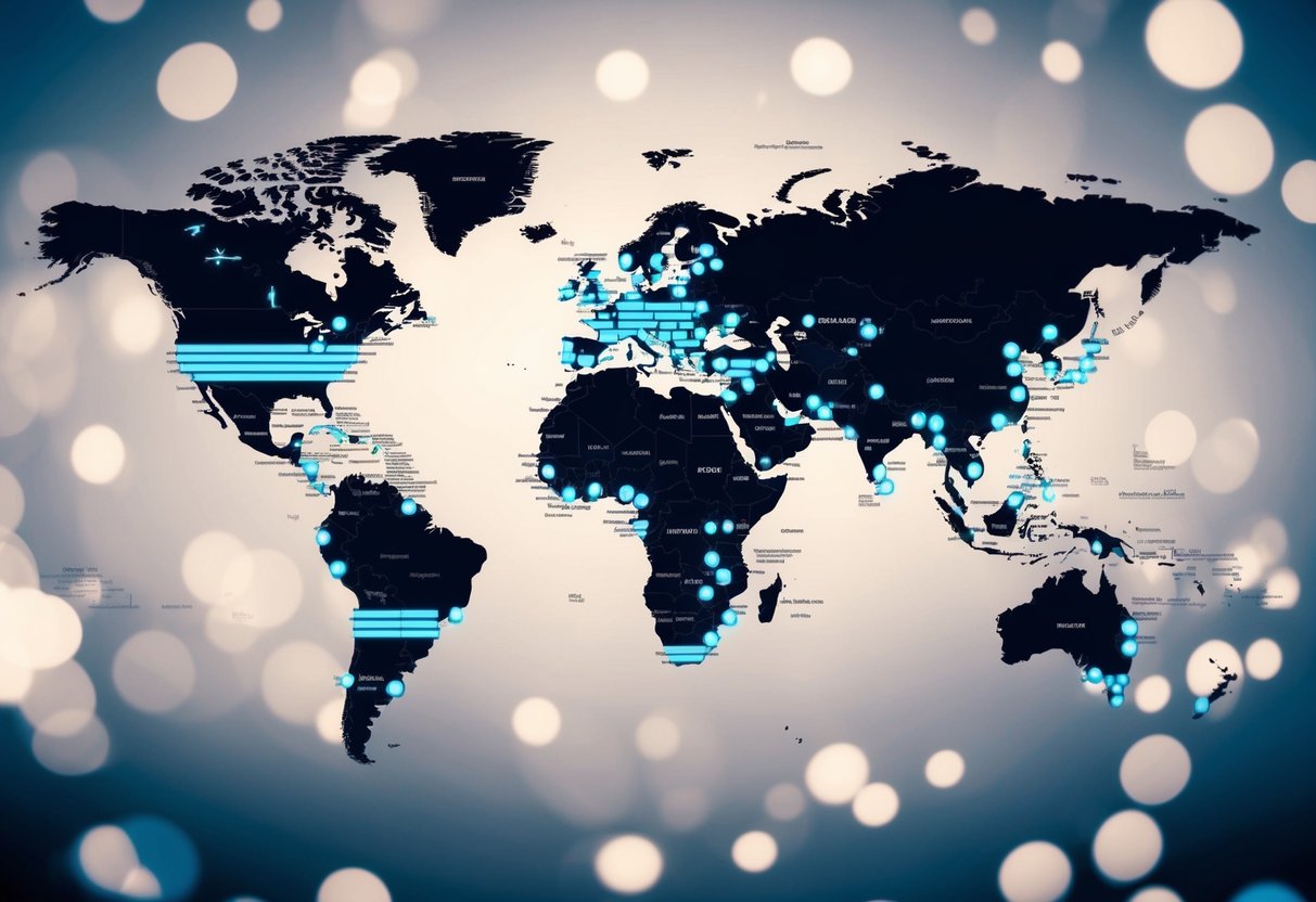 A global map with pulsating data points indicating music streaming and sales, highlighting the top artist's reach and influence