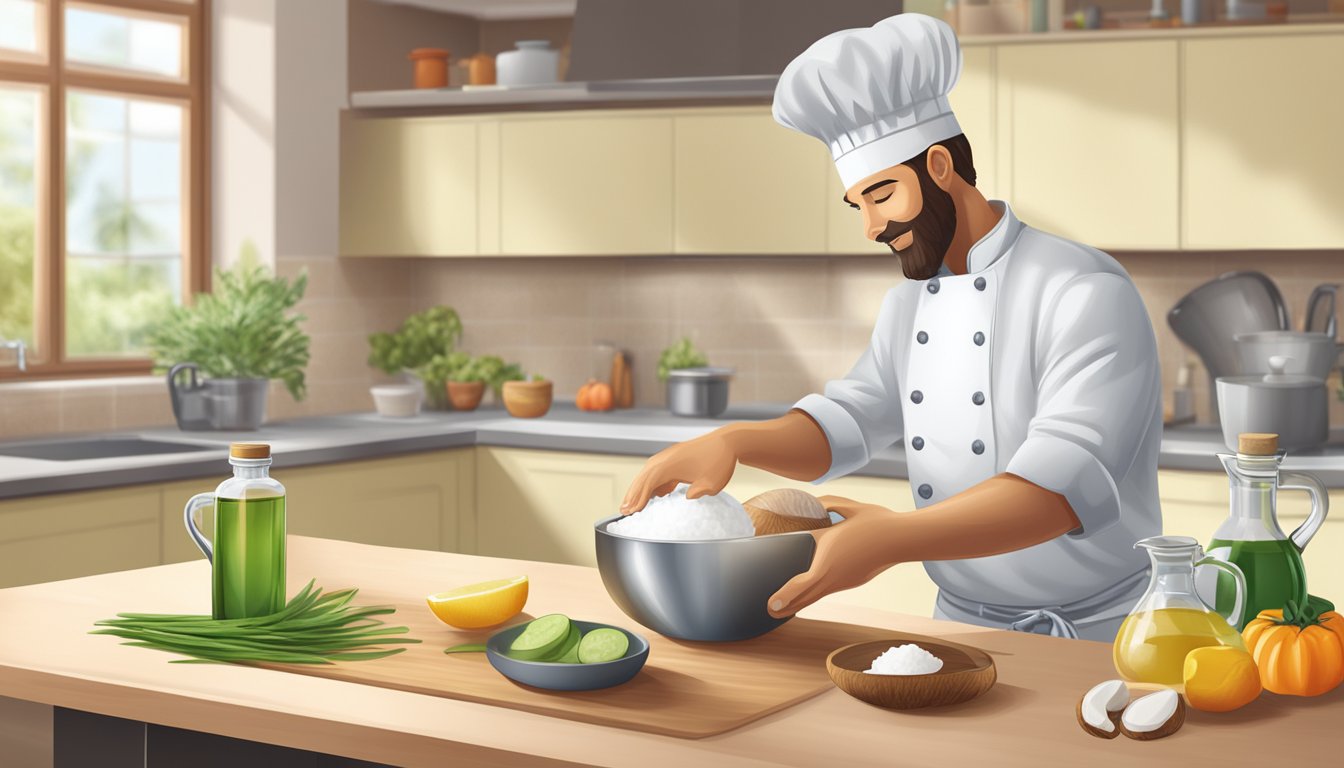 A chef pouring coconut oil into a measuring cup, next to a bottle of vegetable oil on a kitchen counter