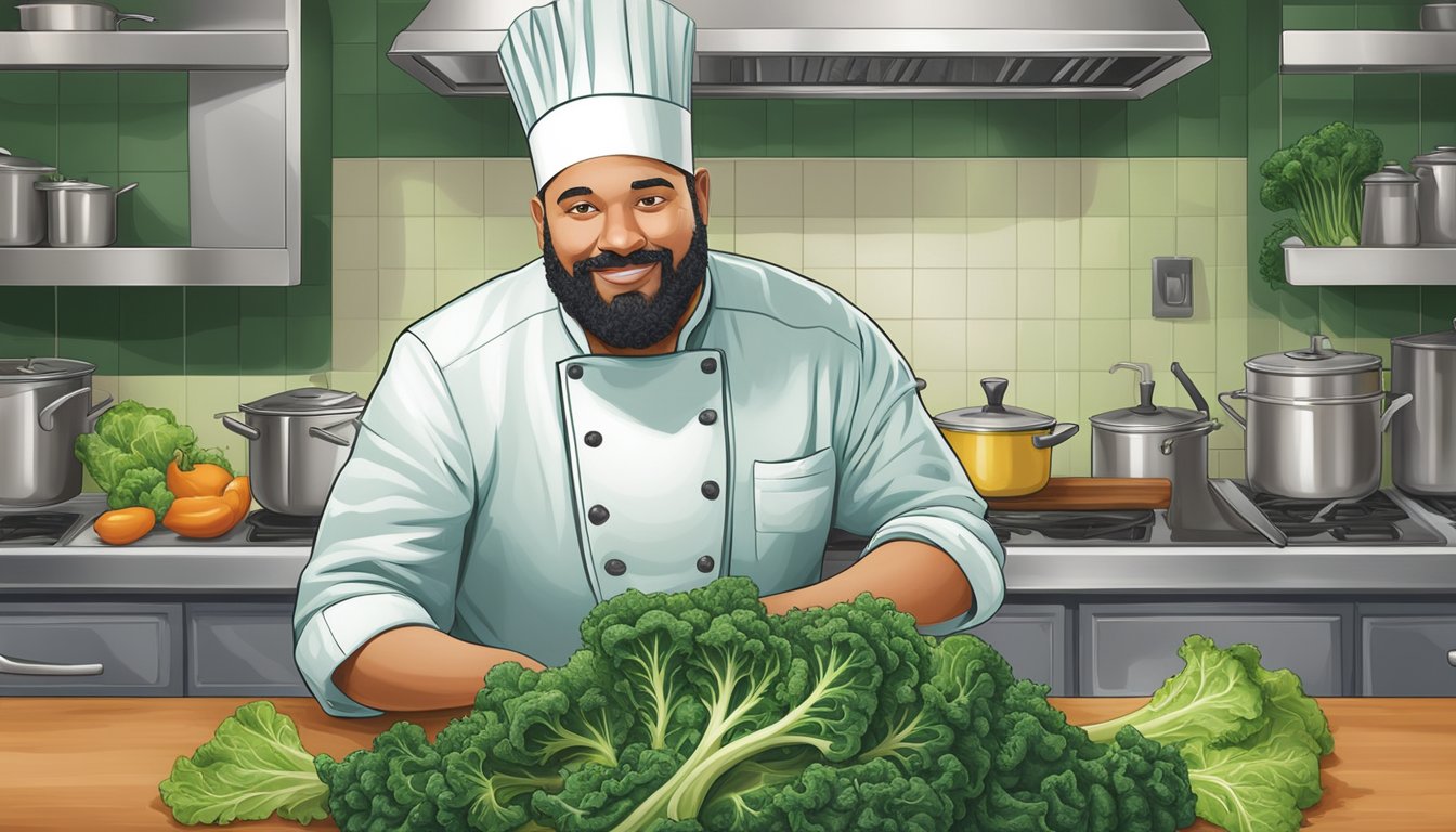 A chef swaps out kale for collard greens, showcasing the nutritional differences in a colorful recipe illustration