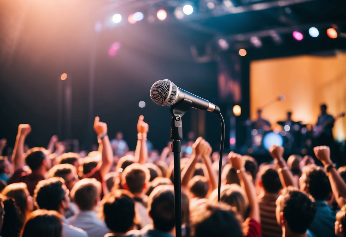 A stage with a microphone and musical instruments, surrounded by a cheering crowd