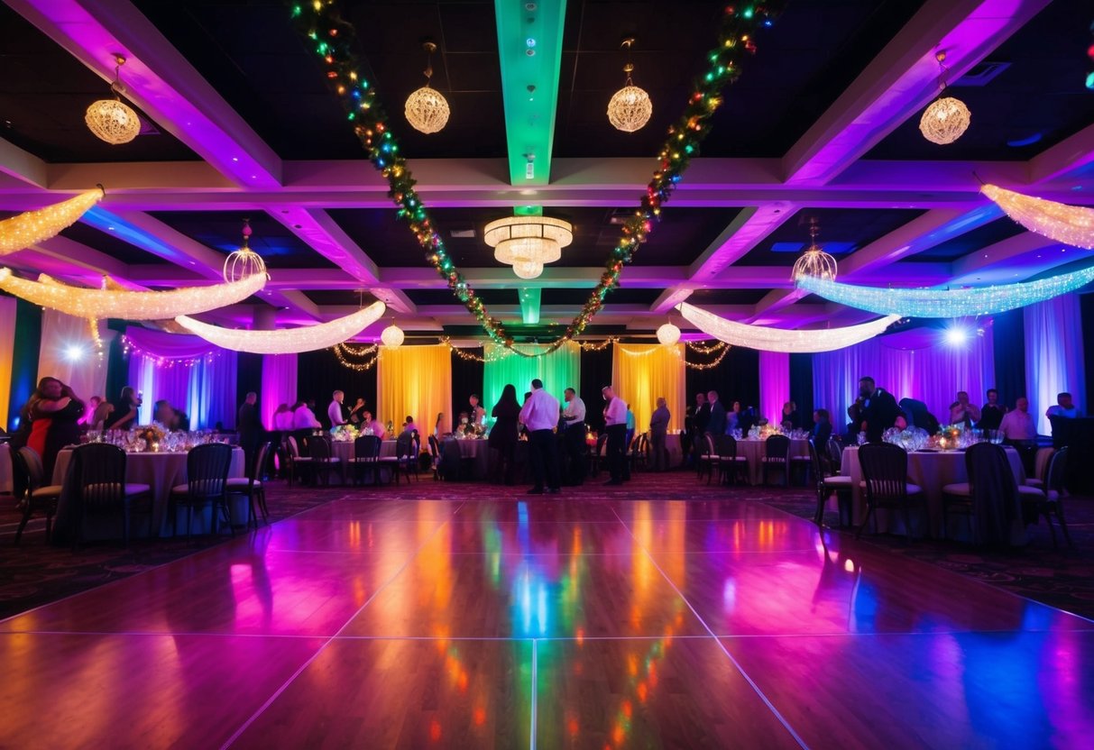 Colorful lights illuminate a spacious dance floor surrounded by festive decorations and lively music. Tables are pushed back, creating an inviting space for guests to join in the celebration