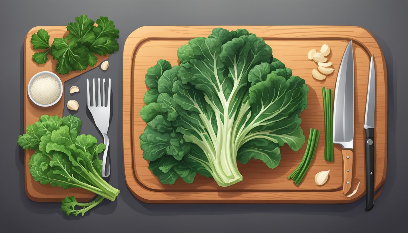 A cutting board with collard greens and kale, a chef's knife, and various cooking ingredients arranged for a recipe substitution illustration