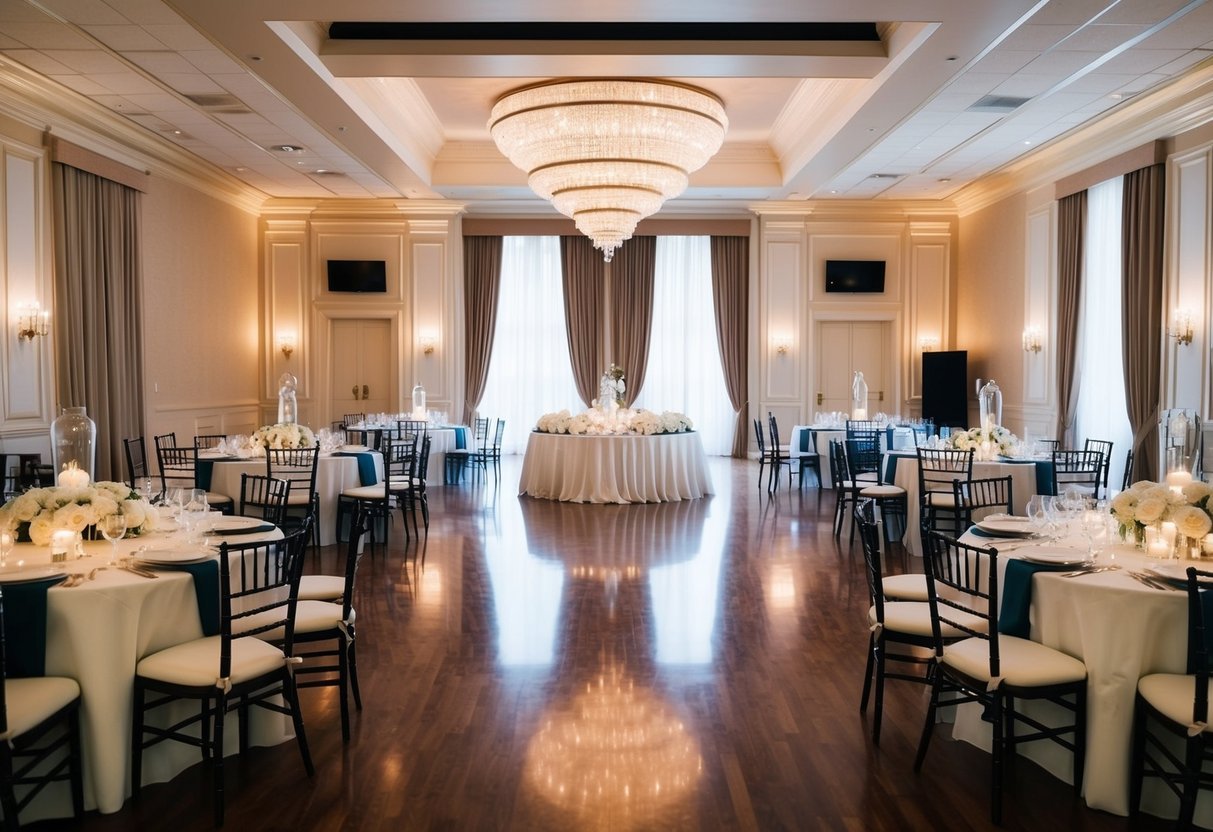 A spacious ballroom with elegant lighting and a central dance floor surrounded by tables and chairs