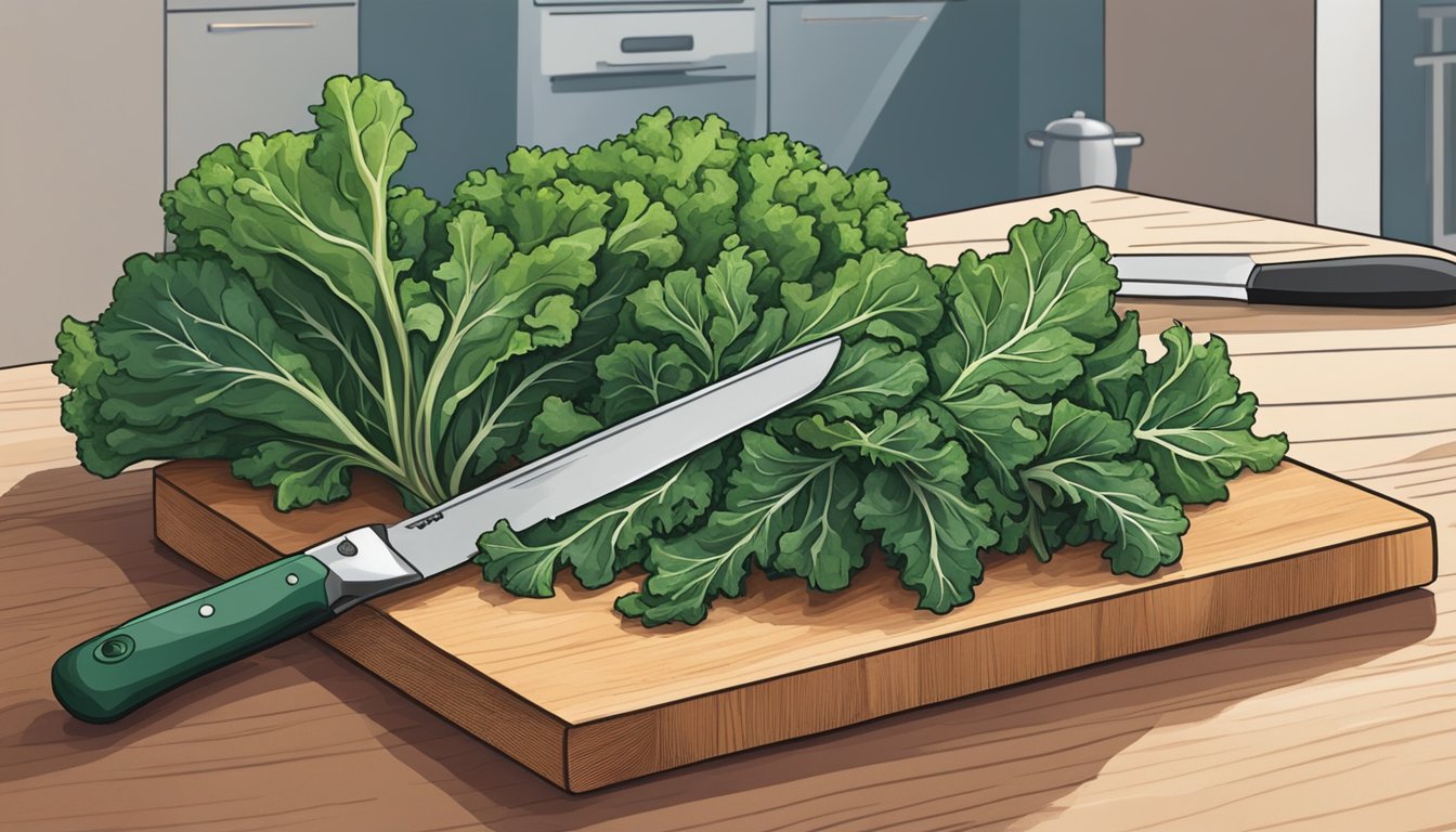 A bunch of collard greens sitting next to a bunch of kale, with a chef's knife and cutting board in the background