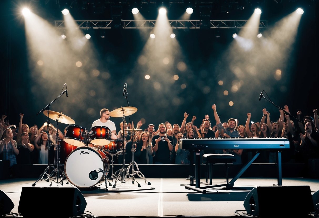 A stage with spotlights shining on a collection of musical instruments, including a drum set, guitars, and a keyboard, surrounded by cheering fans