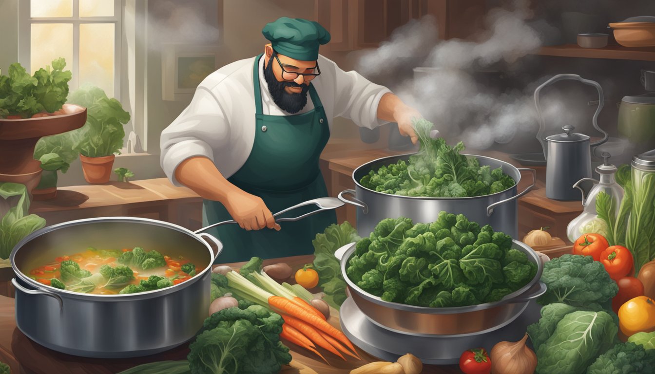 A chef swaps out kale for collard greens in a steaming pot of soup, surrounded by fresh produce and cooking utensils