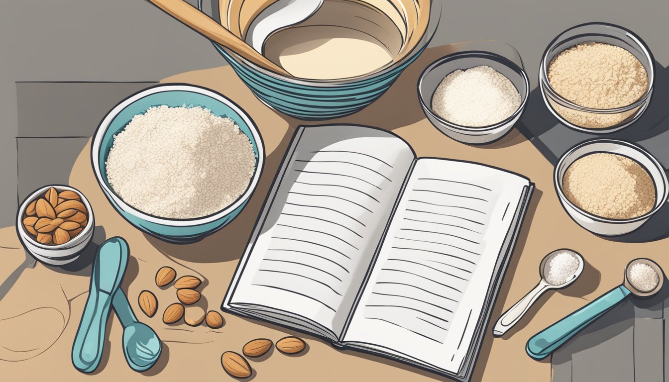 A kitchen counter with bowls of coconut and almond flour, measuring spoons, and a recipe book open to a page on keto baking